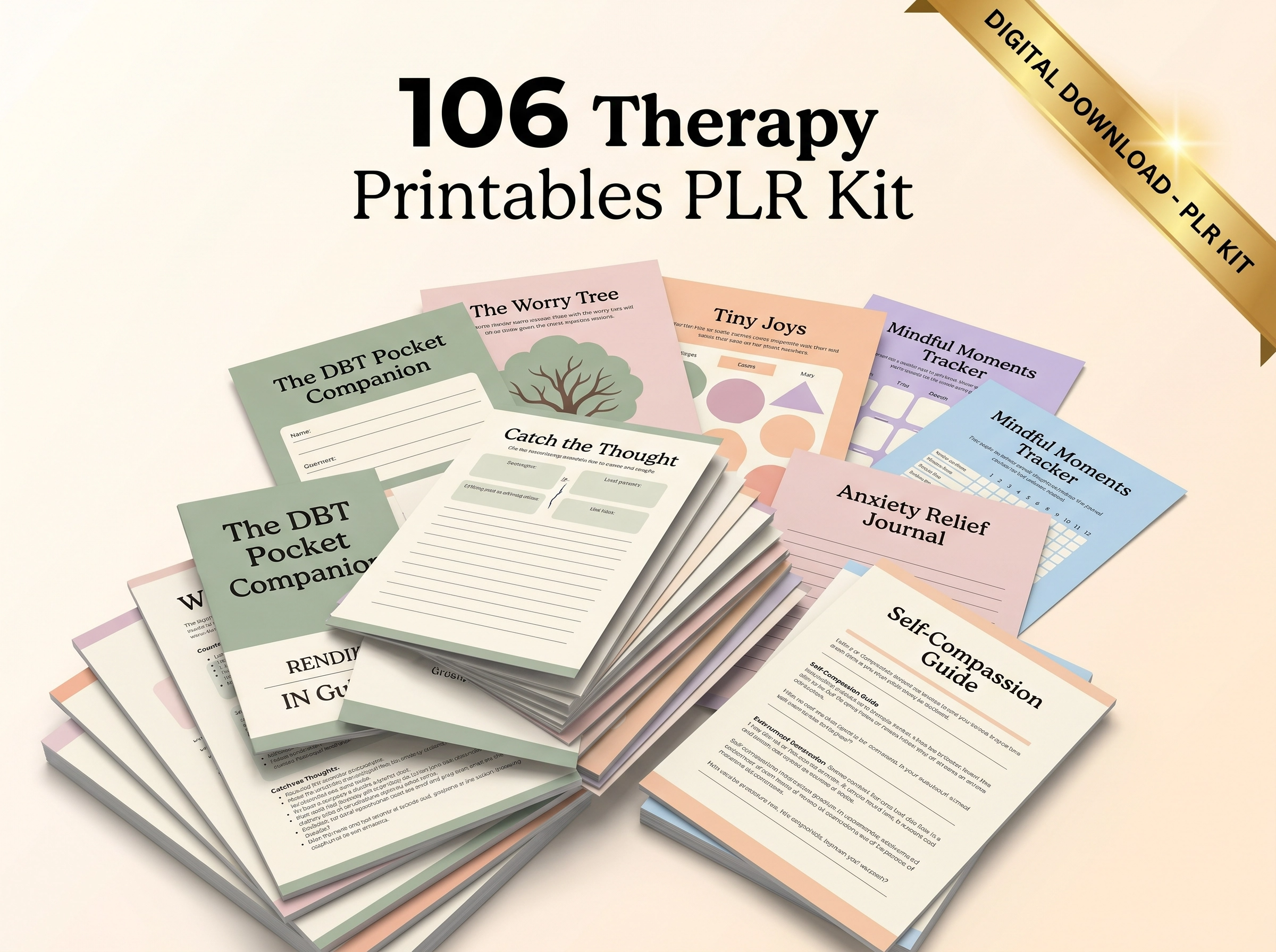 106 Therapy Printables PLR Kit — 3D mockup of bundle, worksheets and template previews